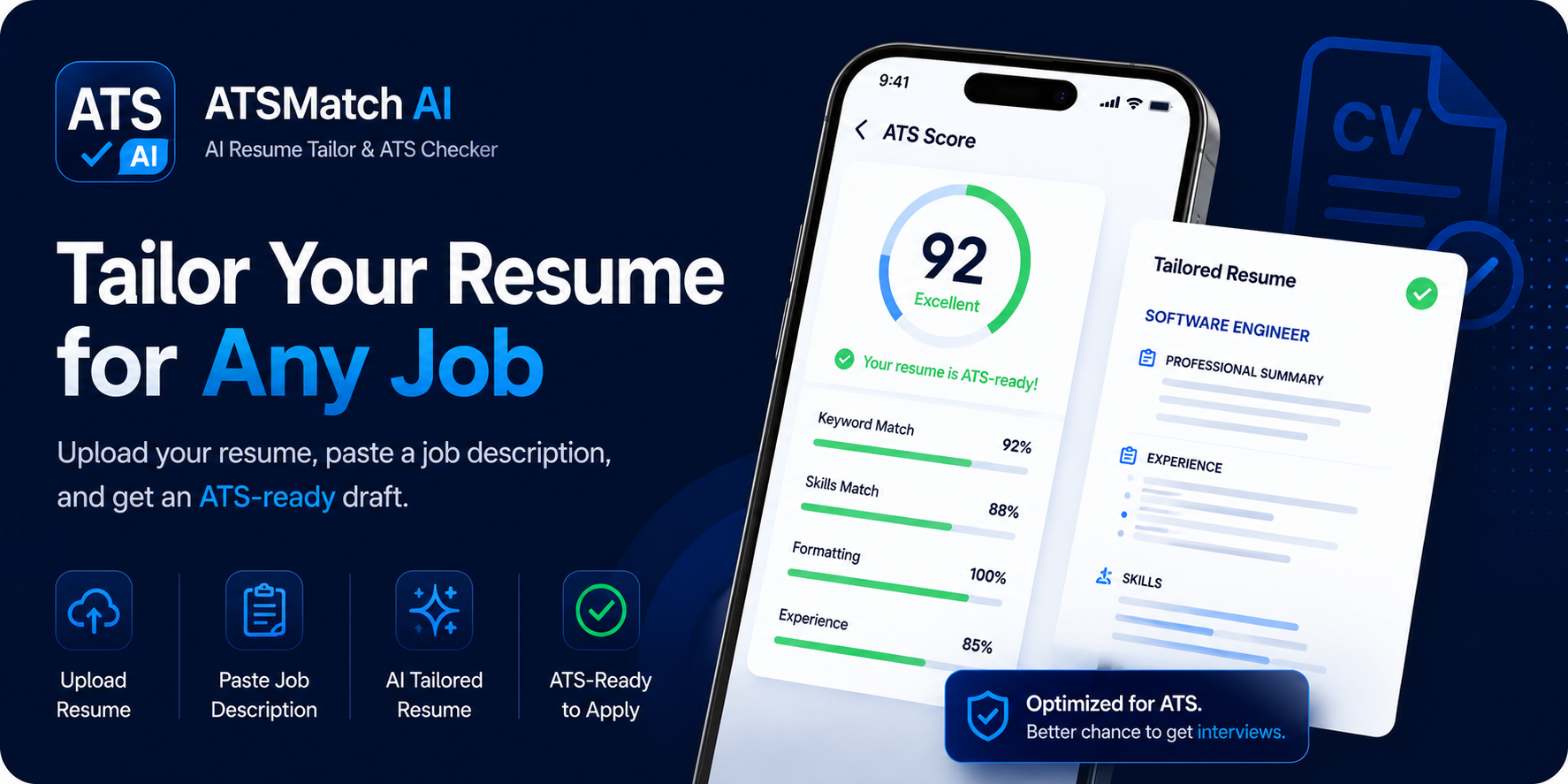 ATSMatch AI app preview showing ATS score, tailored resume, and resume optimization workflow