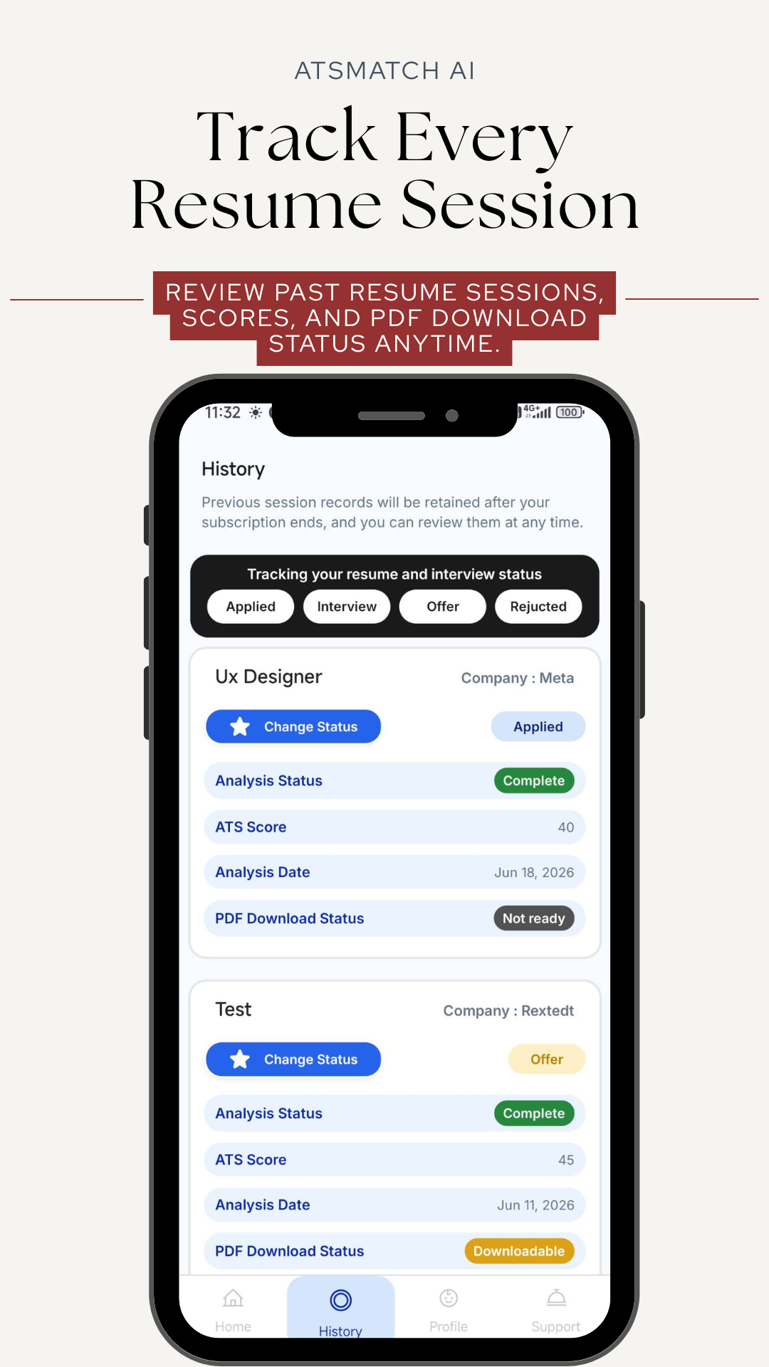 ATSMatch AI resume session history shown in Google Play store screenshot