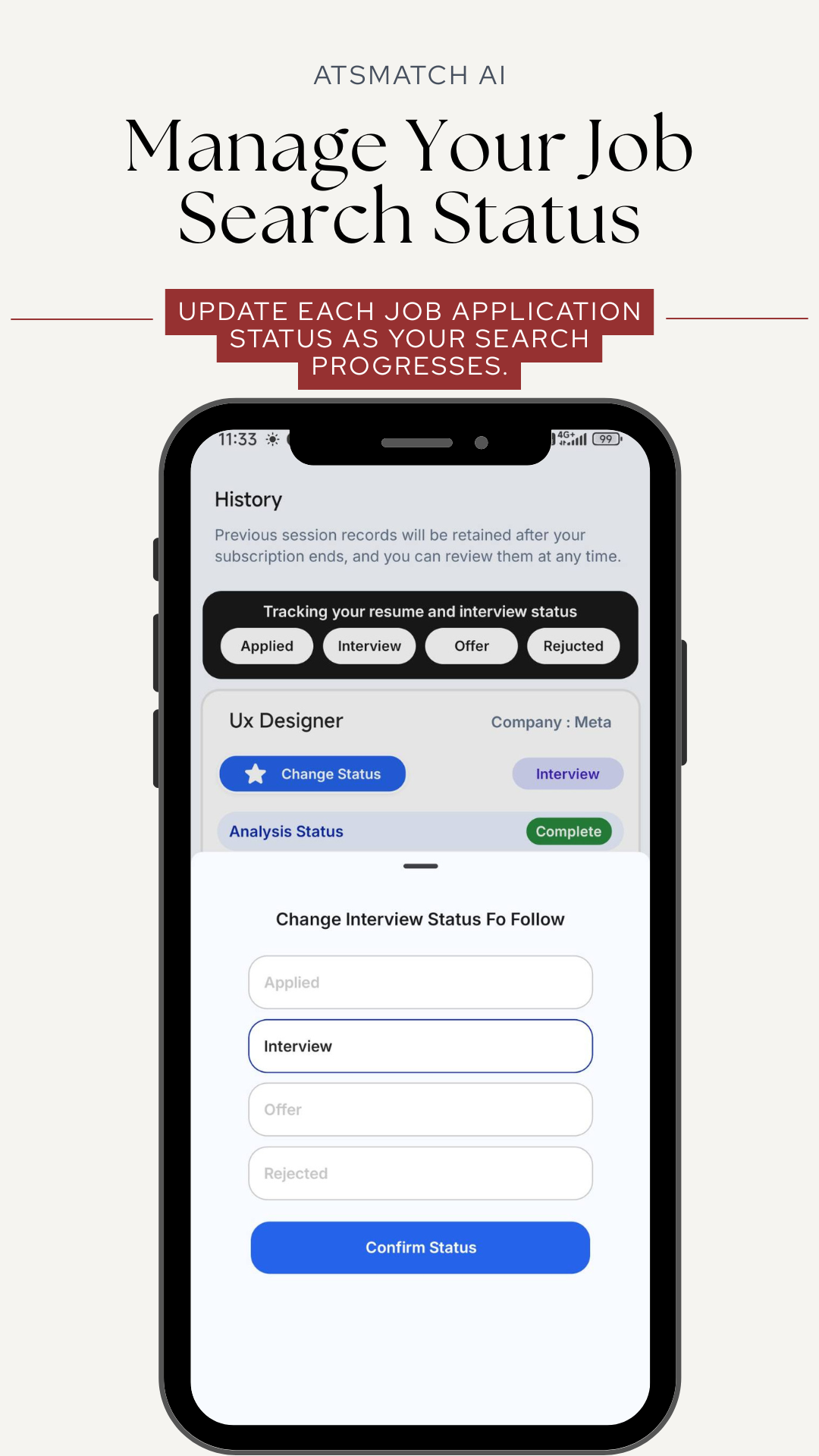 ATSMatch AI job search status management shown in Google Play store screenshot